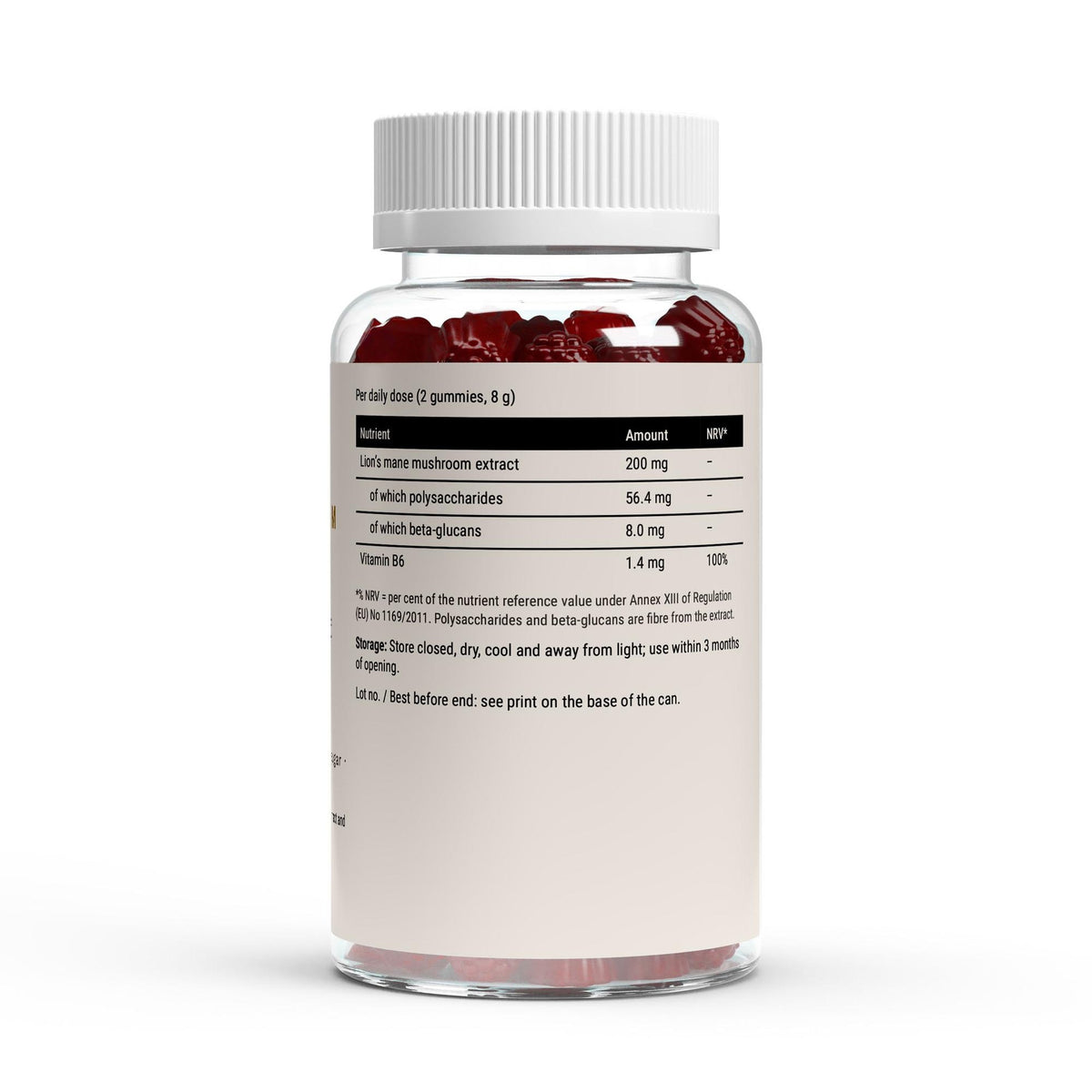 The nutrient table on the Therapium Lion's Mane Gummies label, 200 mg of fruiting-body extract with 8.0 mg of beta-glucans