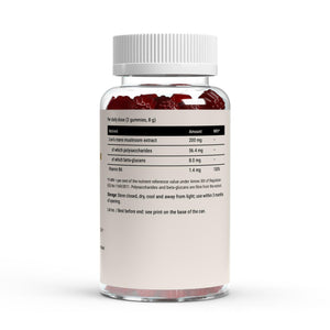 The nutrient table on the Therapium Lion's Mane Gummies label, 200 mg of fruiting-body extract with 8.0 mg of beta-glucans