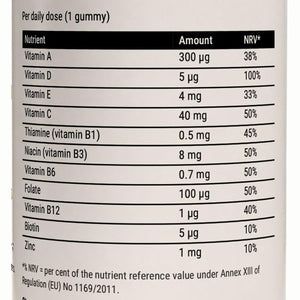 The nutrient table: eleven nutrients with amounts and reference values, vitamin D at 100 per cent