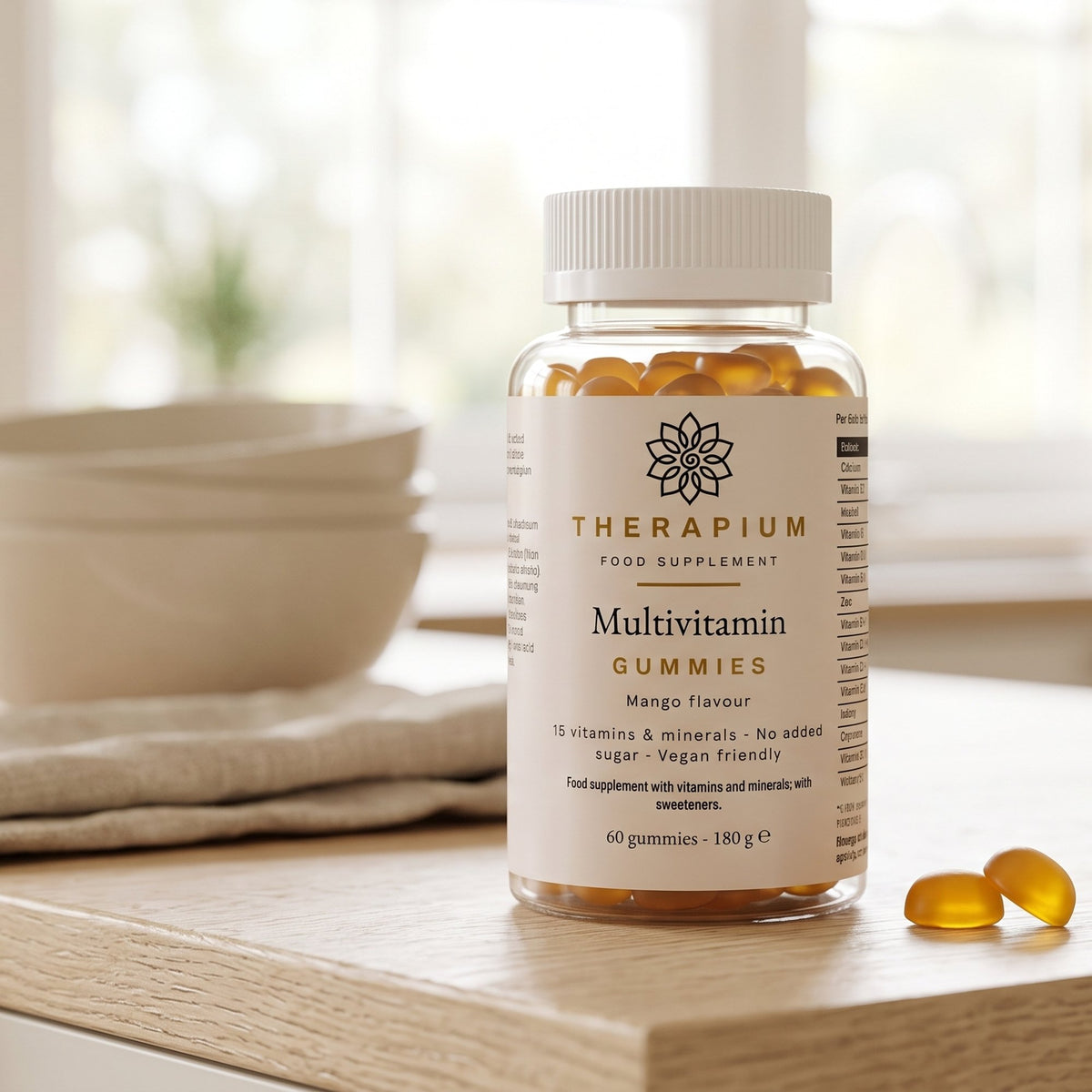 Therapium Multivitamin Gummies, the jar on a kitchen counter, two gummies a day
