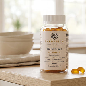 Therapium Multivitamin Gummies, the jar on a kitchen counter, two gummies a day
