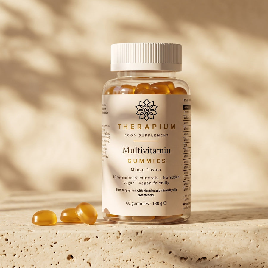 Therapium Multivitamin Gummies, the jar on a travertine ledge in morning light with three amber gummies beside it