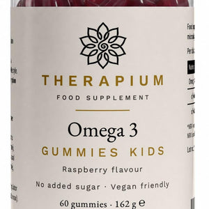 Close-up of the front label: Omega 3 Gummies Kids, raspberry flavour, no added sugar, vegan friendly, 60 gummies, 162 g