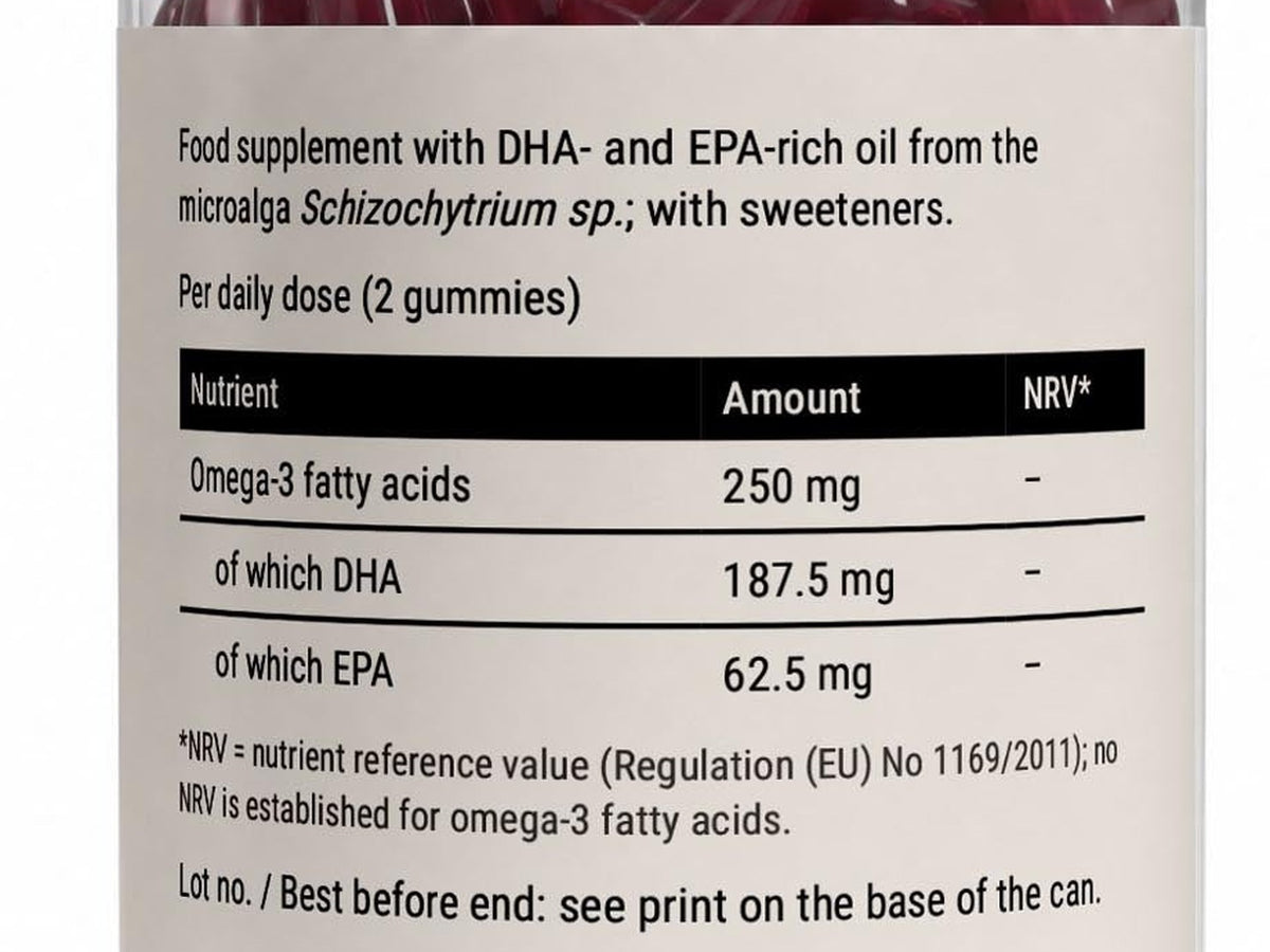 Side label of the jar showing 250 mg omega-3 per two gummies, DHA 187.5 mg and EPA 62.5 mg