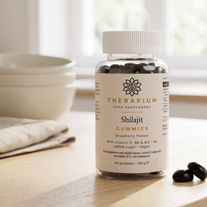 Therapium Shilajit Gummies, the jar on a kitchen counter, two gummies a day