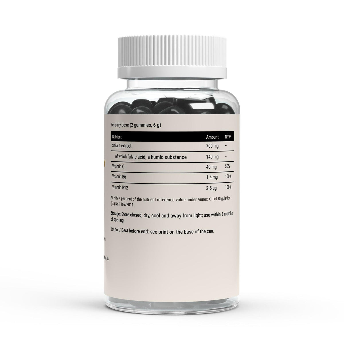 The nutrient table on the Therapium Shilajit Gummies label, 700 mg of extract per daily dose of which 140 mg fulvic acid