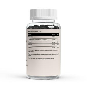 The nutrient table on the Therapium Shilajit Gummies label, 700 mg of extract per daily dose of which 140 mg fulvic acid