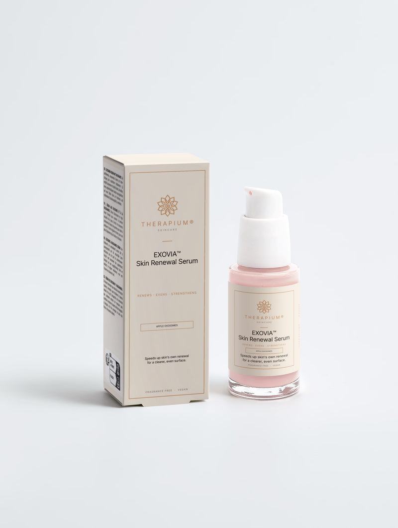 Therapium EXOVIA™ Skin Renewal Serum, 30 ml airless pump bottle of pink serum next to its carton, front view on a plain studio background