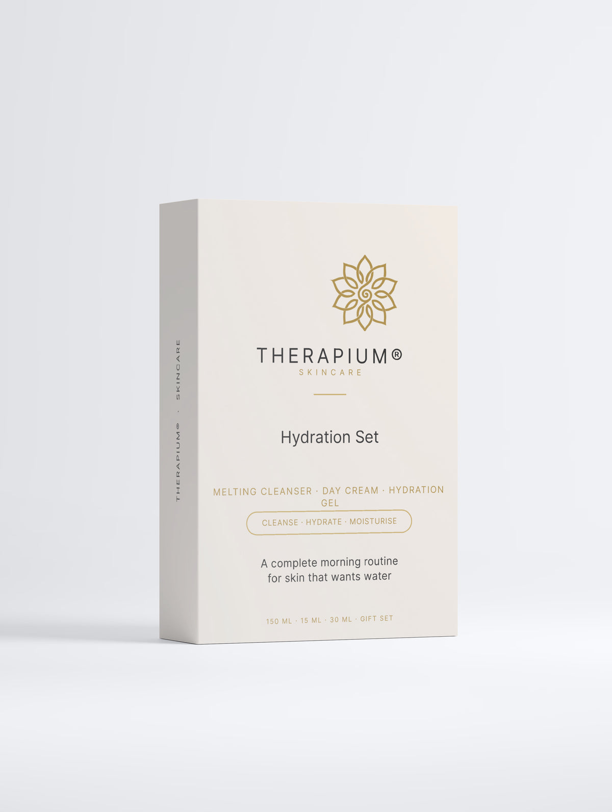 Therapium Hydration Set gift box, front of the printed sleeve on a plain studio background