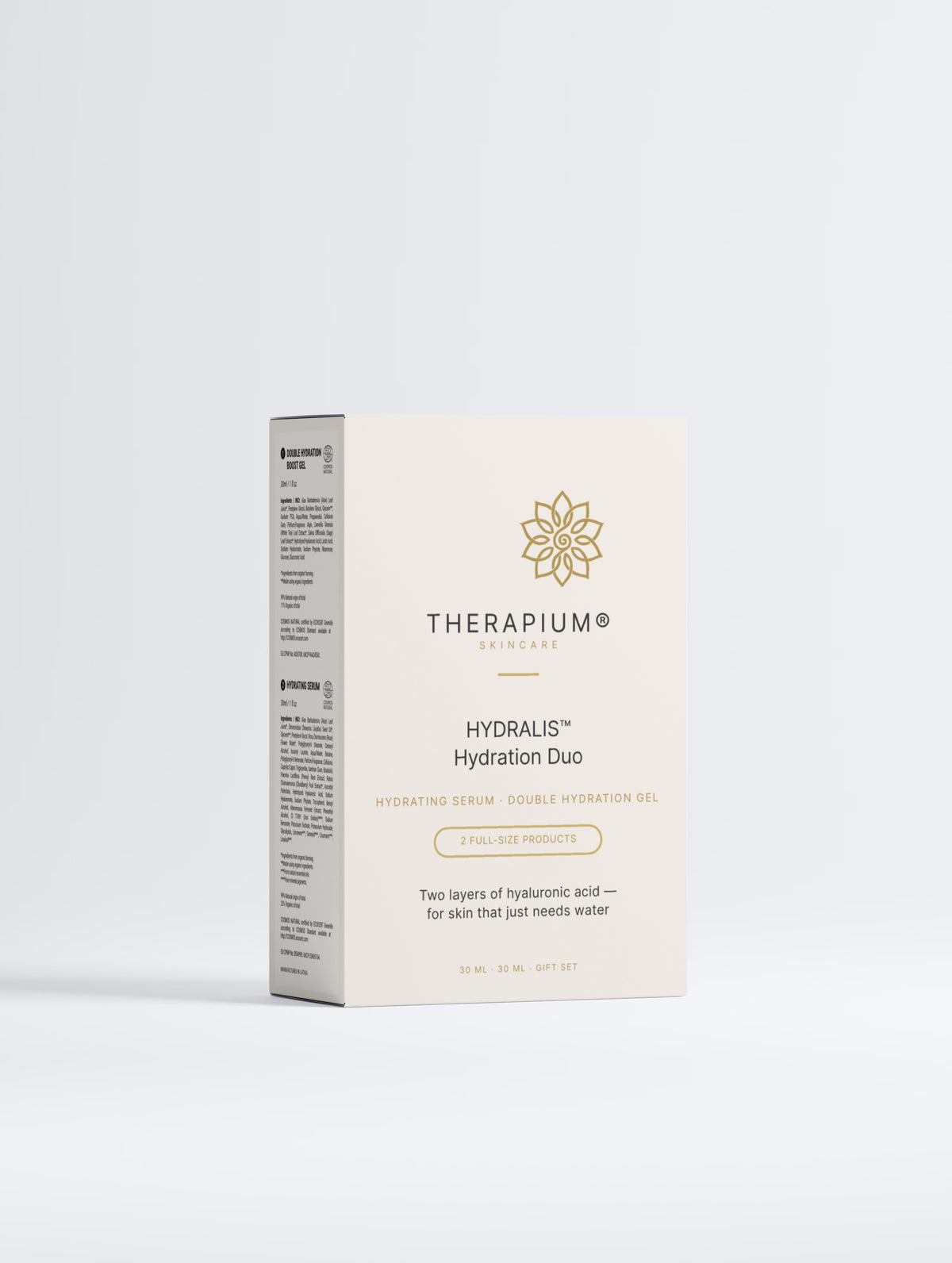 Therapium HYDRALIS Hydration Duo gift box, front of the printed sleeve on a plain studio background