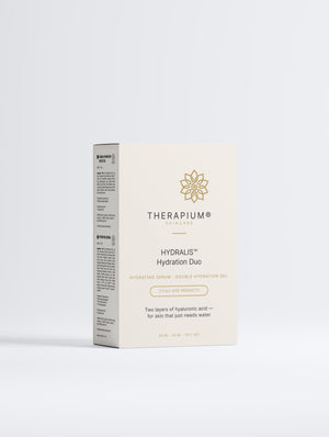 Therapium HYDRALIS Hydration Duo gift box, front of the printed sleeve on a plain studio background